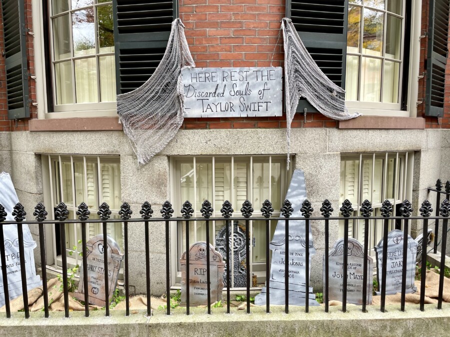 Fake graveyards set up outside a home in Boston with Taylor Swift's ex-boyfriend's names on them.