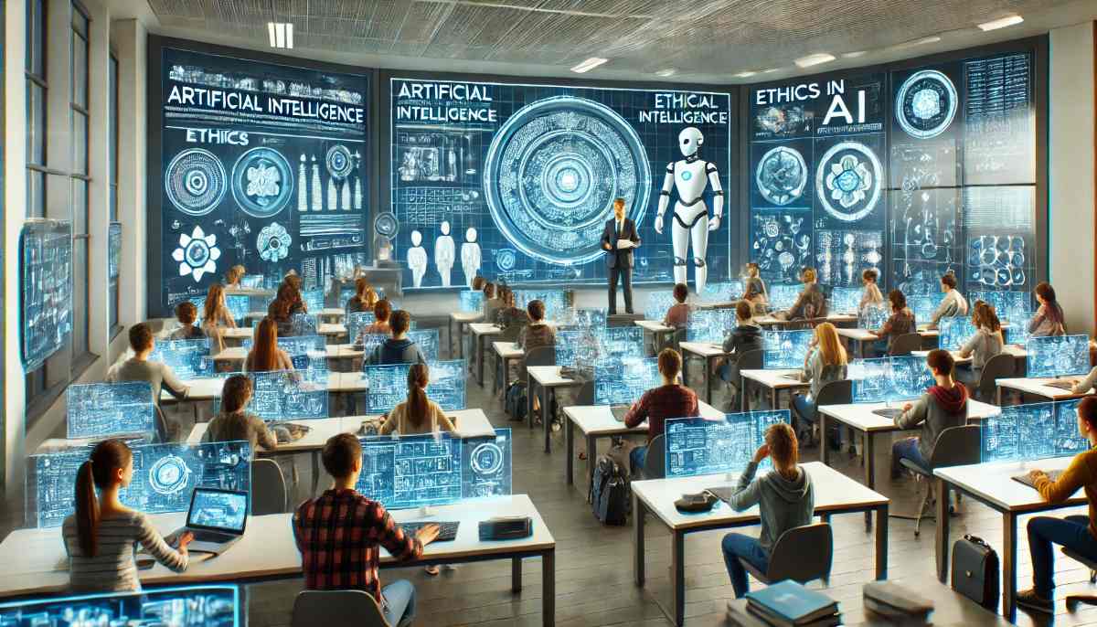 A futuristic college classroom with students actively engaged in learning about artificial intelligence. Large digital screens display AI-related concepts like neural networks, robotics, and ethics in AI. Professors interact with students, while some students work on AI-driven projects using laptops and holographic interfaces. The classroom has a sleek, modern design with high-tech elements, reflecting the cutting-edge nature of AI education.